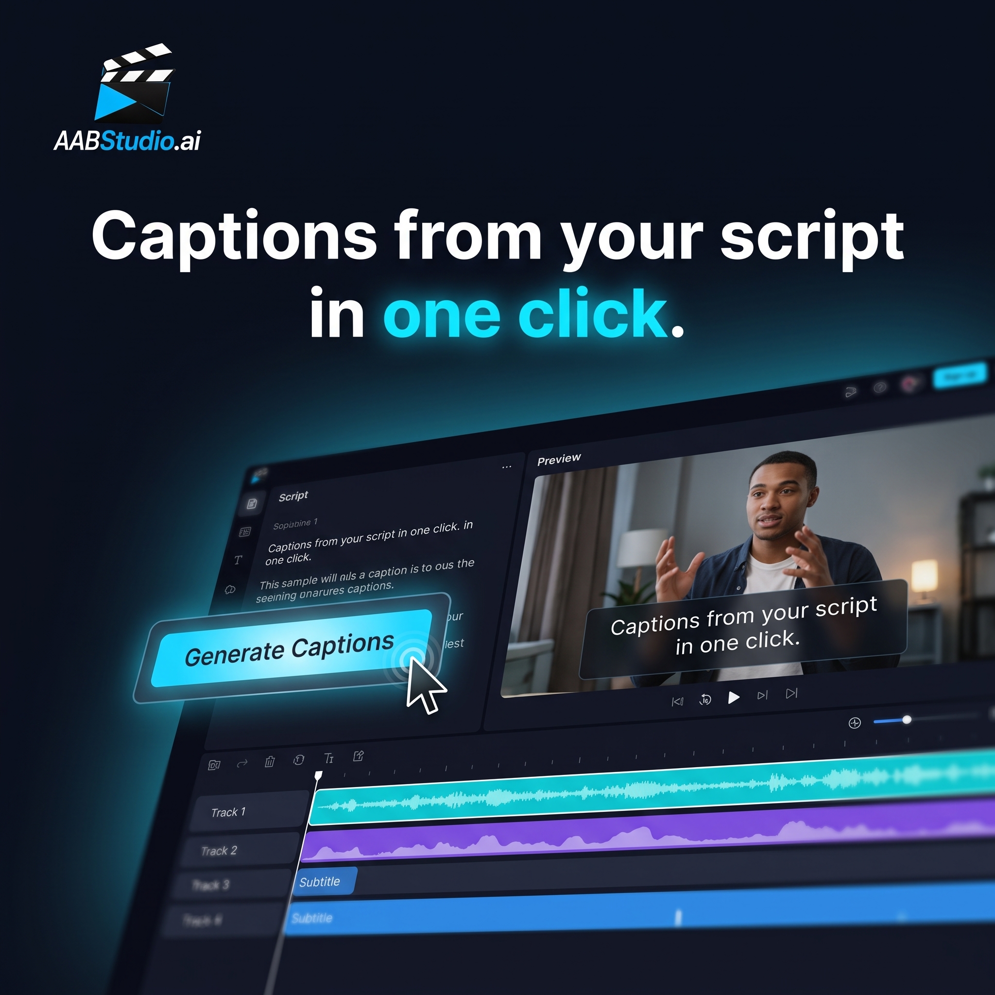 Captions made from the script and shown on a video in the AABStudio Edit Suite