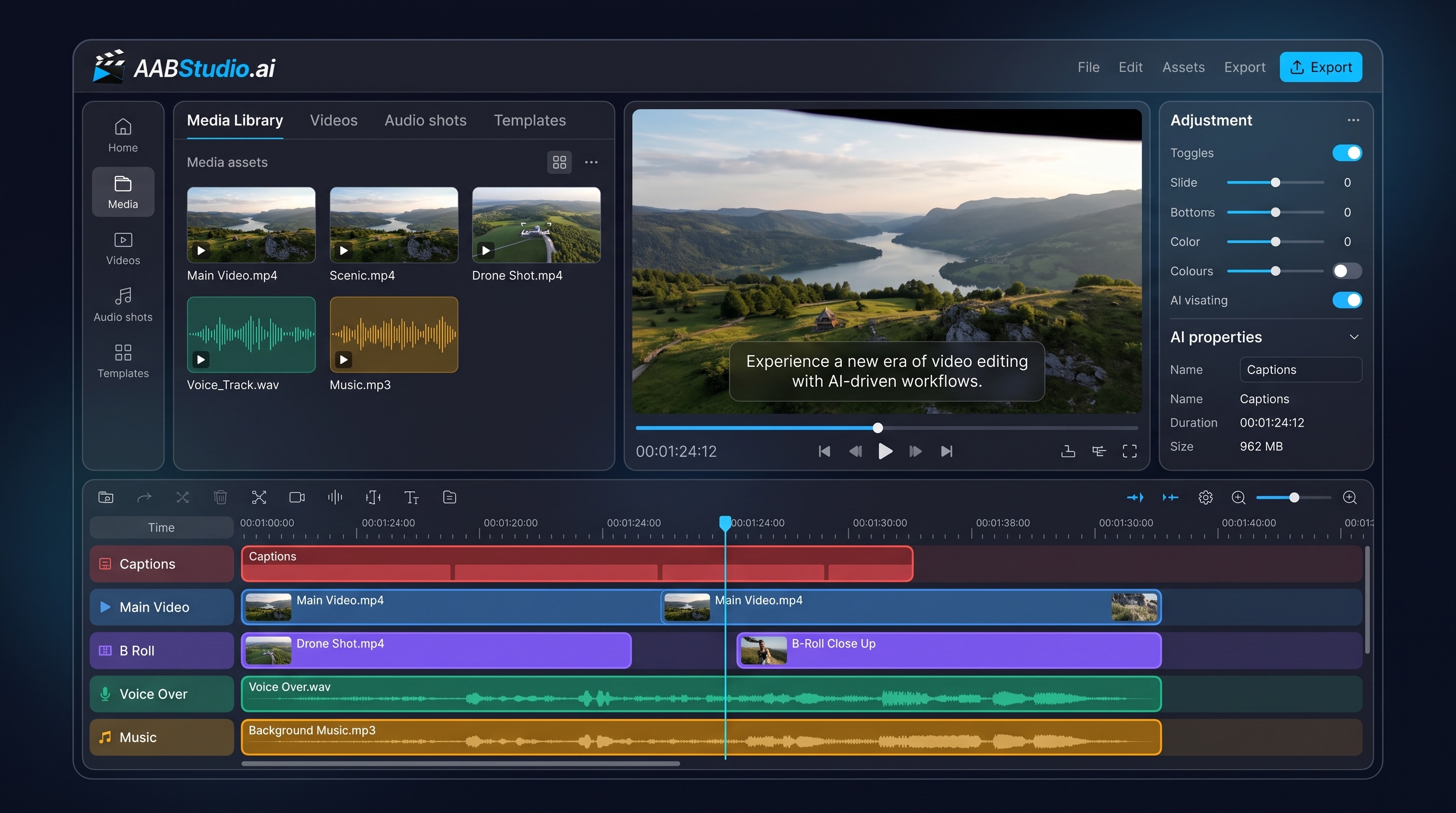 The AABStudio Edit Suite with a preview and a timeline of video, voice over, music and caption tracks