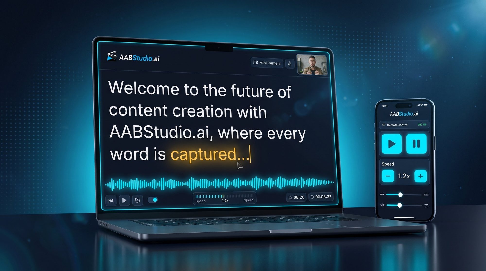 The AABStudio teleprompter on a laptop, with the current word glowing gold, and a phone beside it controlling play, pause and speed