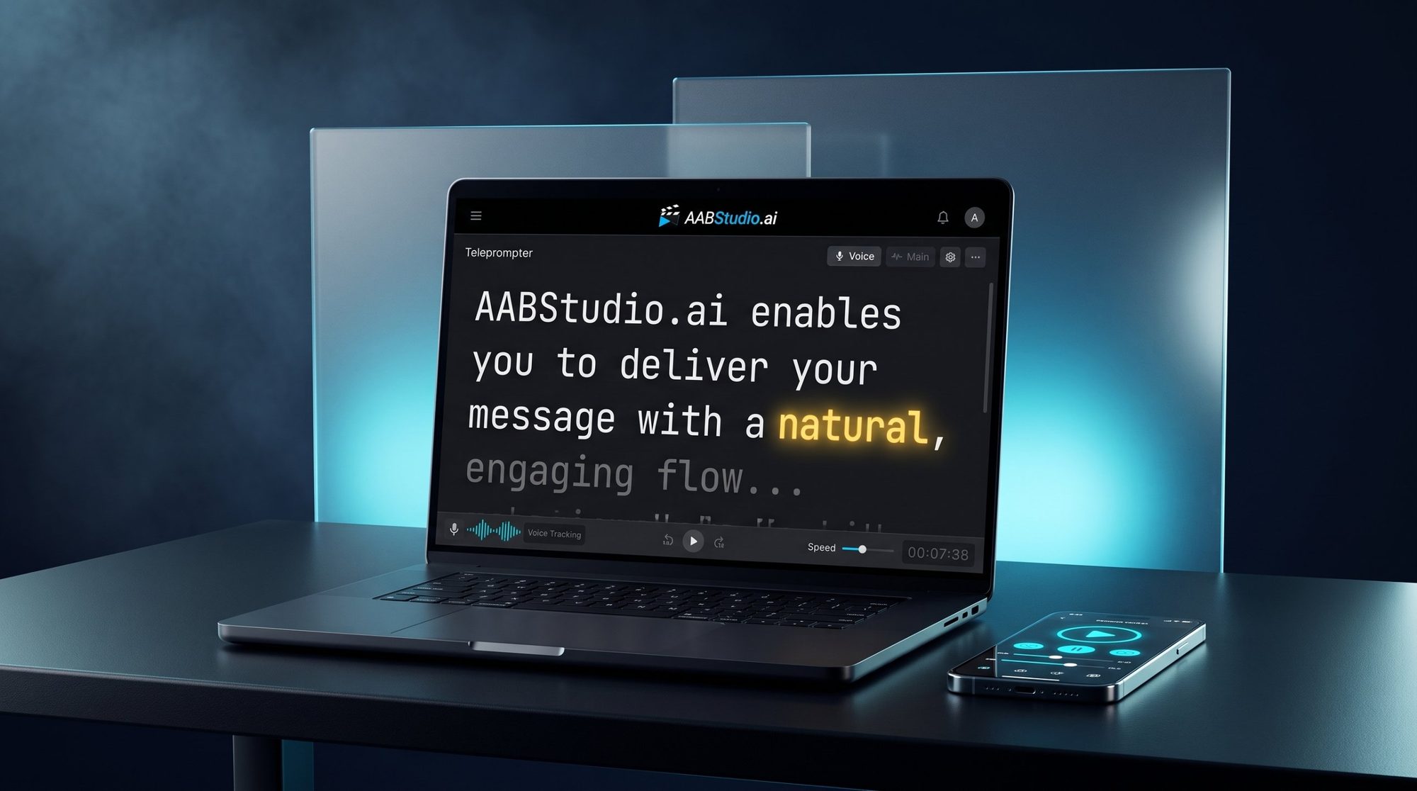 The AABStudio teleprompter on a laptop on a desk, following the speaker as they read, with a phone remote beside it