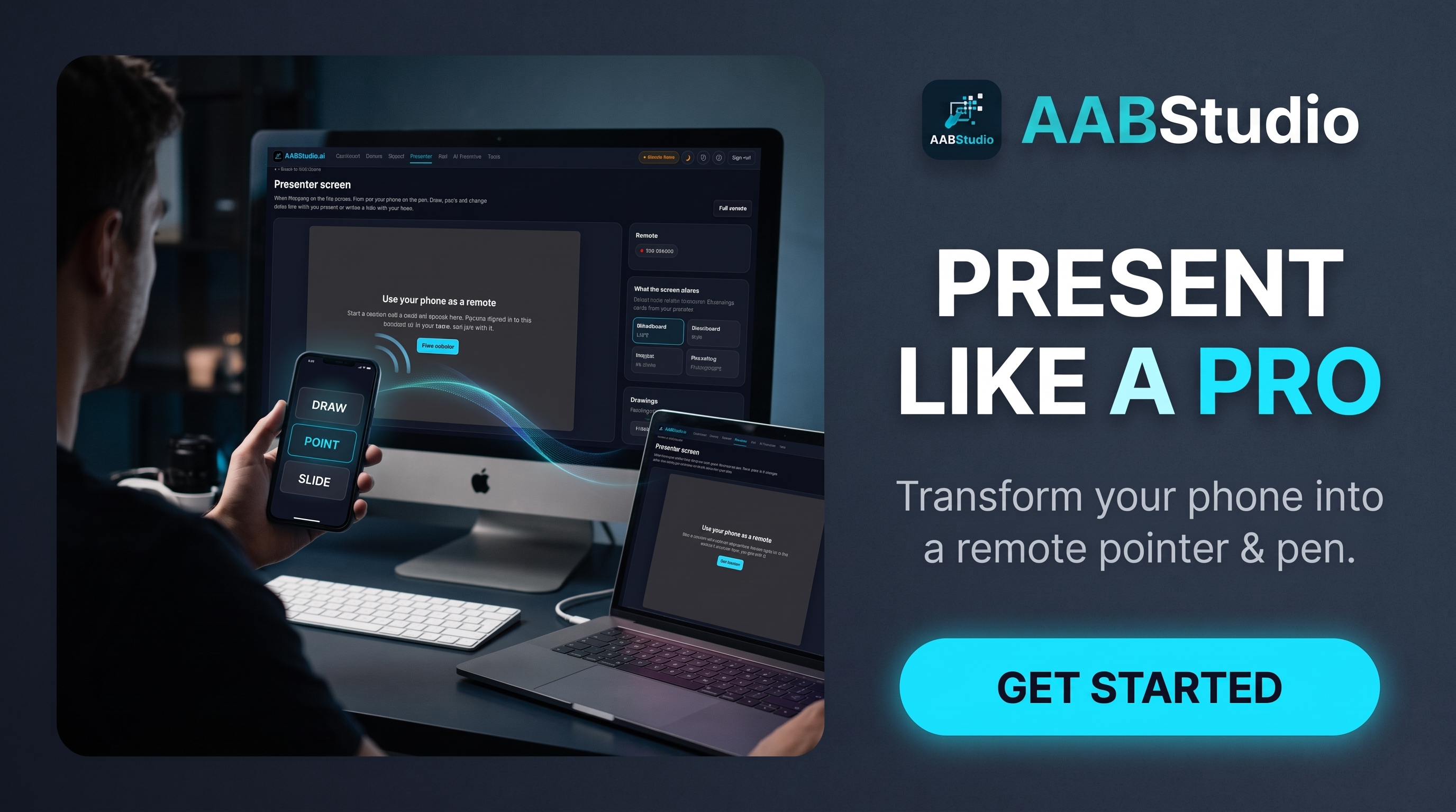 The AABStudio Presenter Screen: slides on a screen, drawing on them live, the presenter in a camera bubble and a phone used as the remote