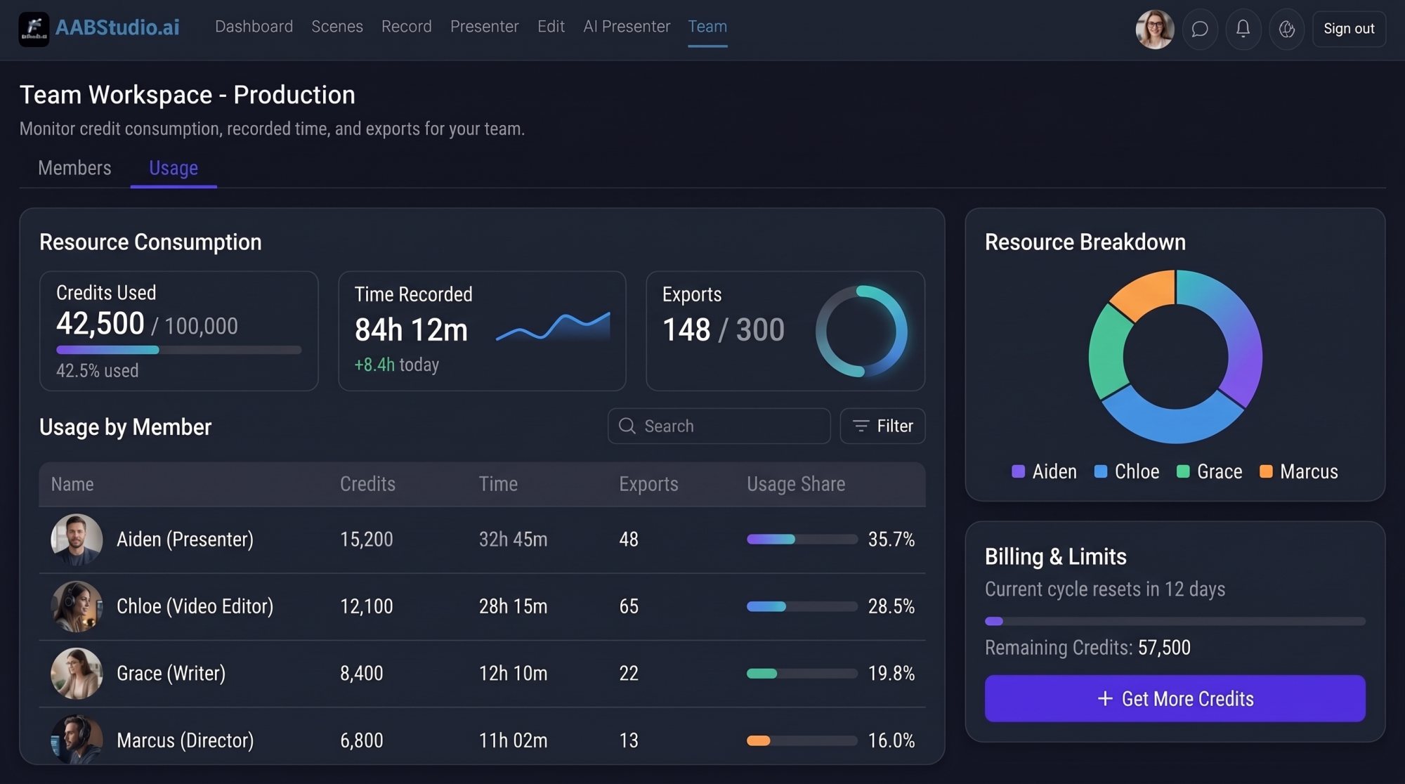 Team usage page showing credits used, time recorded, exports and each person's share