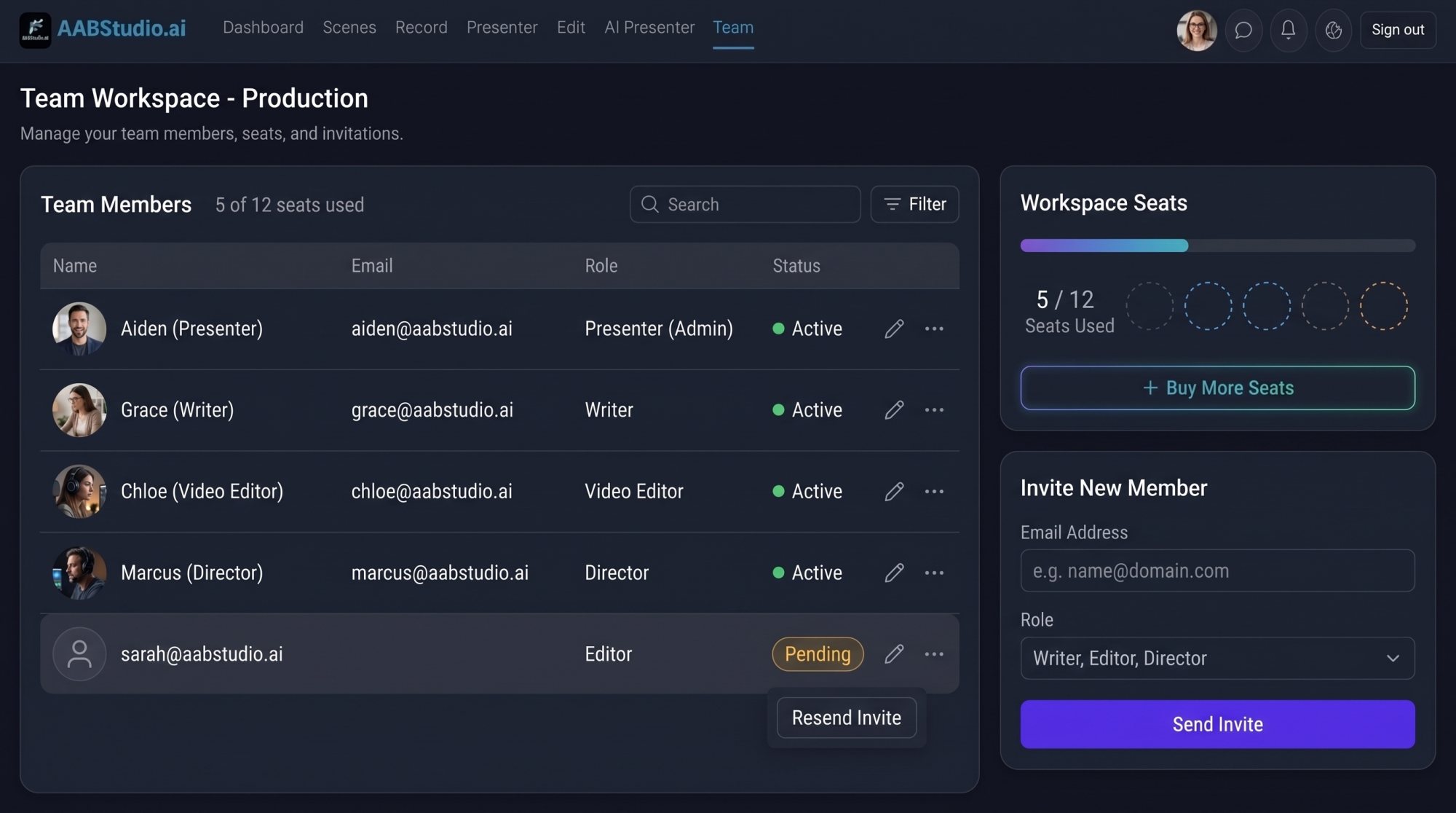 Studio Team page with seats, invite form and team members