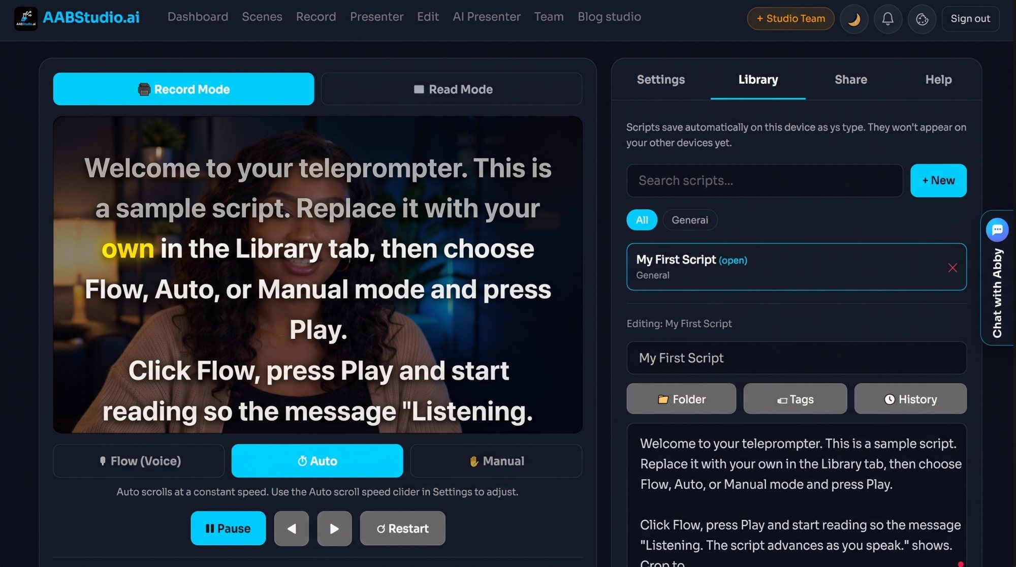 AABStudio teleprompter in Record Mode with the script scrolling over the camera and the current word highlighted in gold