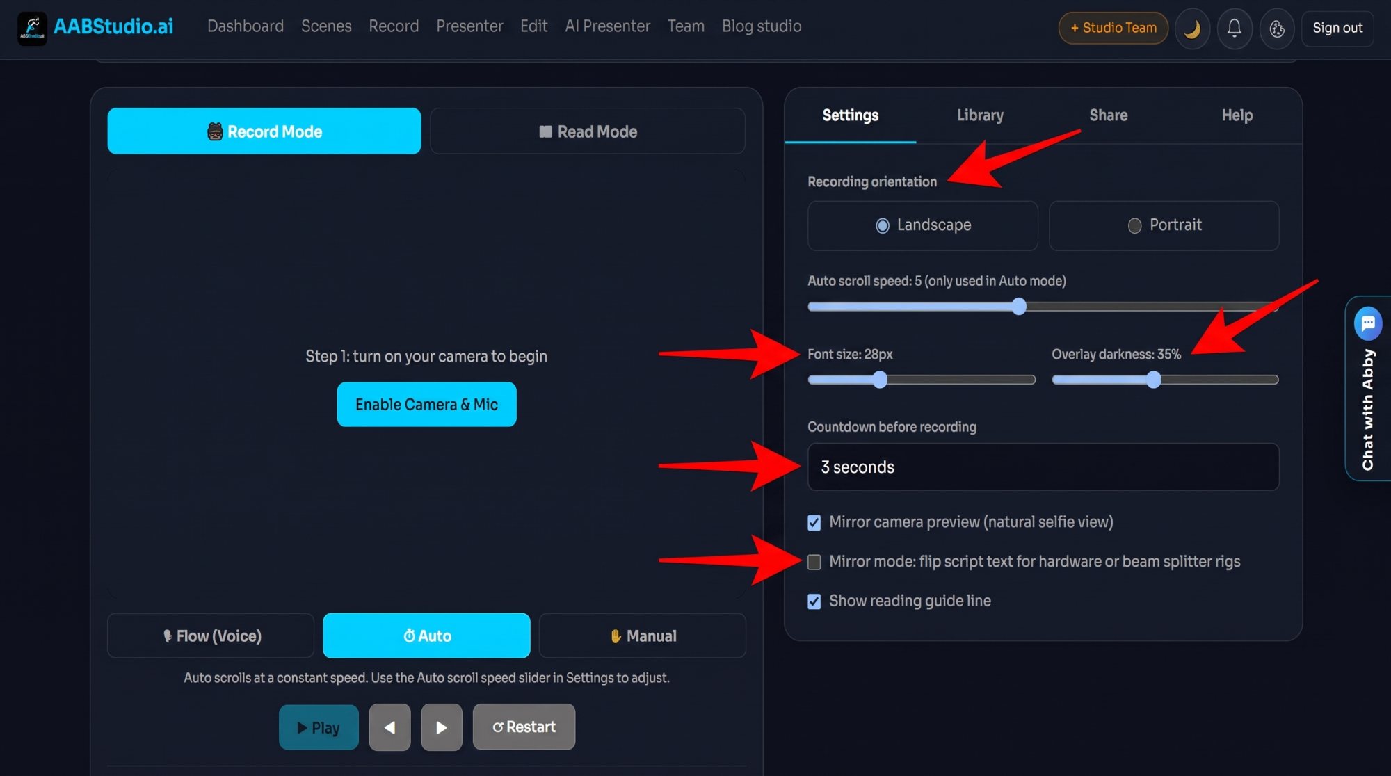 Teleprompter settings for orientation, font size, overlay darkness, countdown and mirror mode