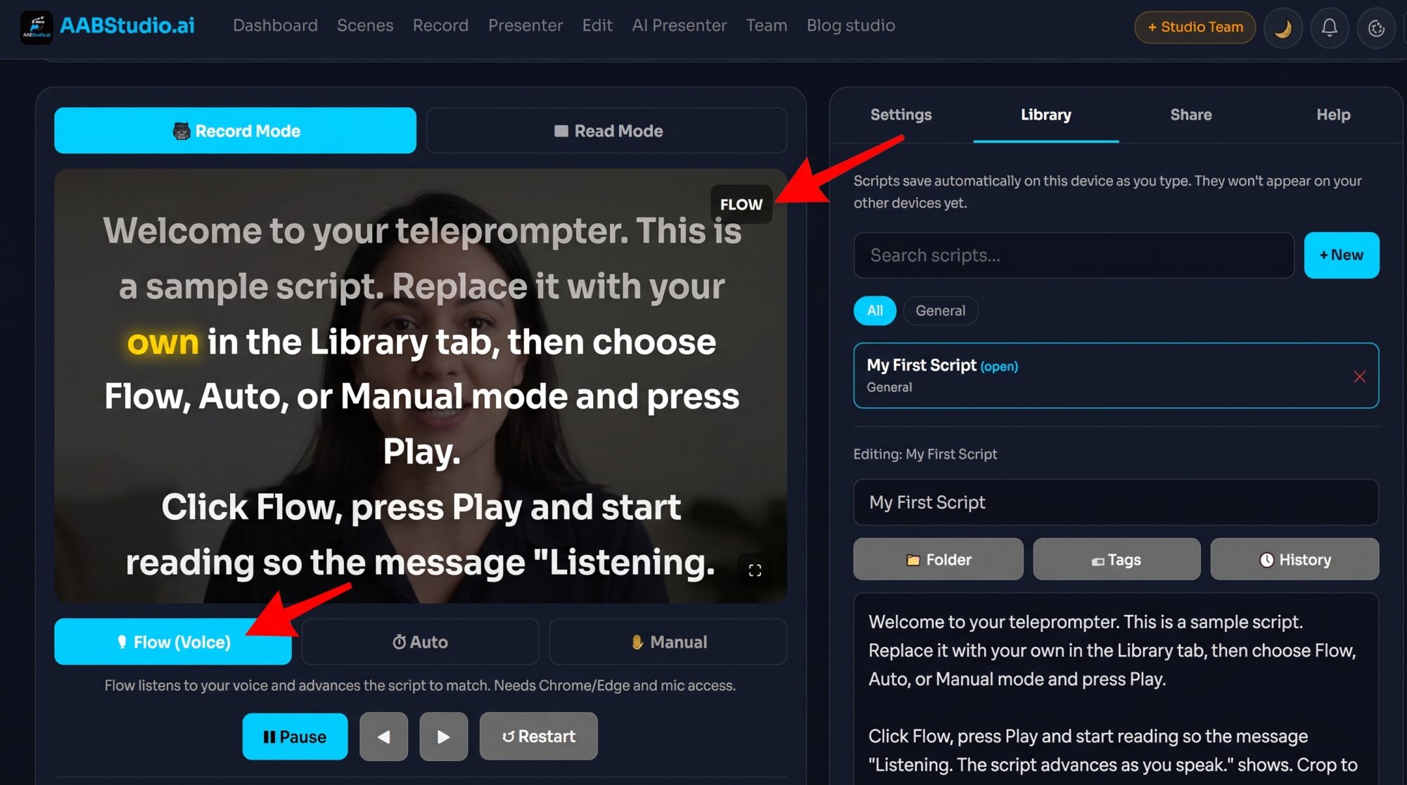 Flow, Auto and Manual scroll mode buttons on the AABStudio teleprompter with voice mode listening